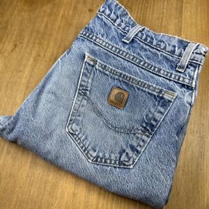 Vtg Carhartt Flannel Lined Jeans Mens 36x30 Light Blue Dungaree Work Distressed‎